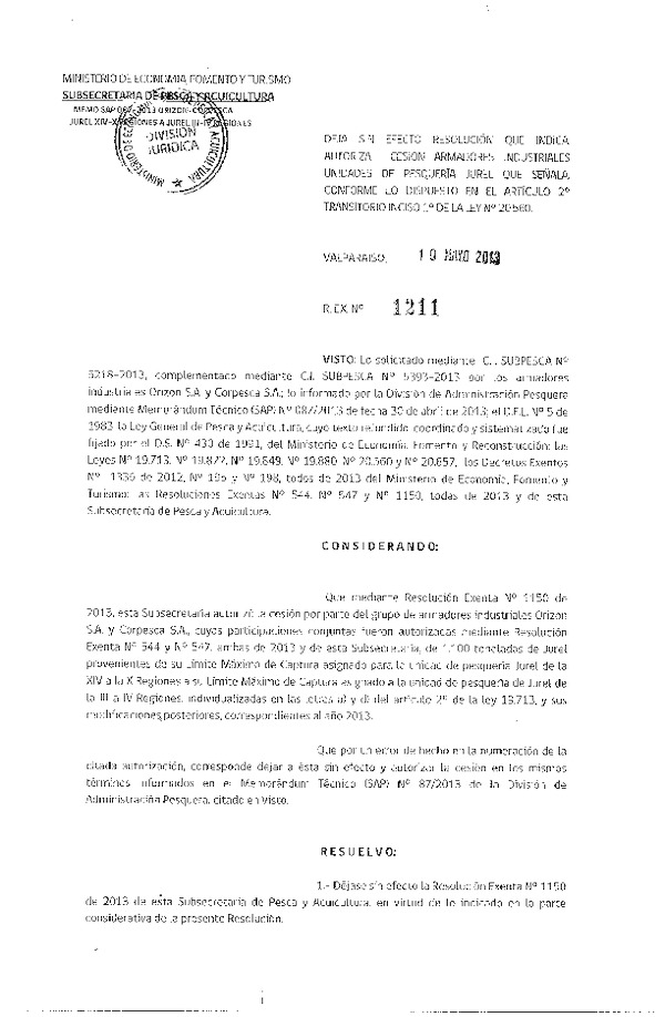 R EX Nº 1211-2013 Autoriza Cesión recurso Jurel XIV-X a III-IV Región.