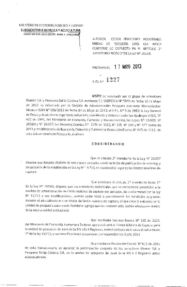 R EX Nº 1227-2013 Autoriza Cesión recurso Jurel XIV-X Región.
