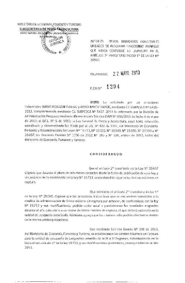 R EX Nº 1294-2013 Autoriza Cesión recurso Langostino amarillo III-IV Región.