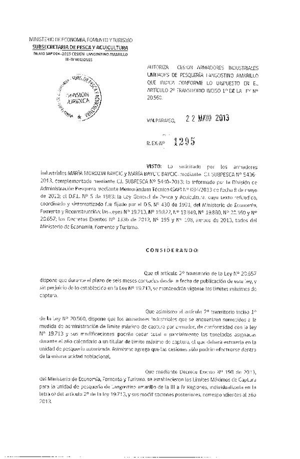 R EX Nº 1295-2013 Autoriza Cesión recurso Langostino amarillo III-IV Región.