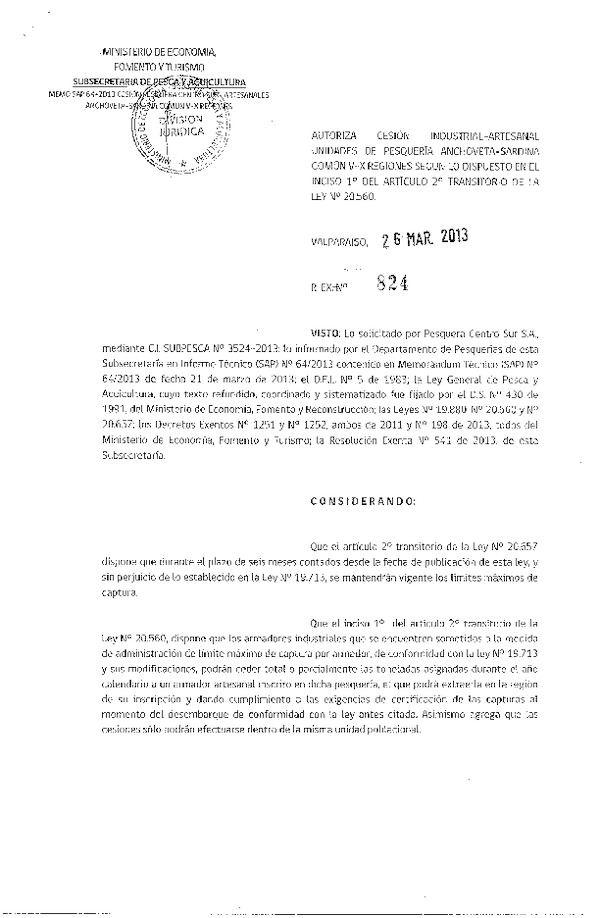 R EX Nº 729-2013 Autoriza Cesión recurso Anchoveta y Sardina común V-X Región.
