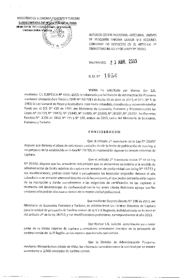 R EX Nº 1050-2013 Autoriza Cesión recurso Sardina común V-X Región.