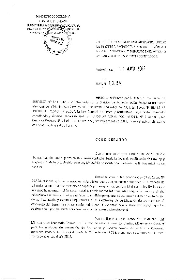 R EX Nº 1228-2013 Autoriza Cesión recurso Anchoveta y Sardina común V-X Región.