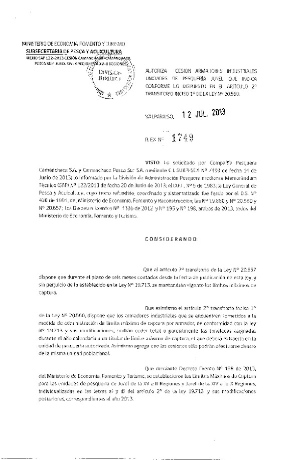 R EX Nº 1749-2013 Autoriza Cesión recurso Jurel XIV-X a XV-II Región.