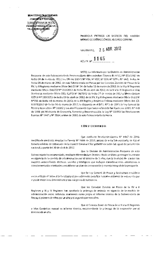 Resolución Nº 1145 de 2012 Prorroga Entrada en Vigencia Talla Mínima de Extracción XV-XII Región.