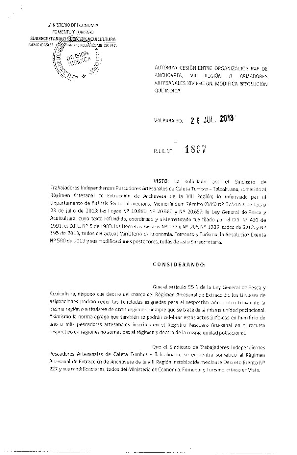 R EX Nº 1897-2013 Autoriza Cesión recurso Anchoveta VIII a XIV Región.