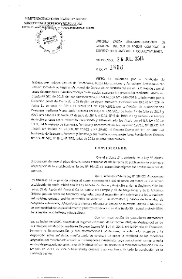 R EX Nº 1896-2013 Autoriza Cesión recurso Merluza del sur XI Región.