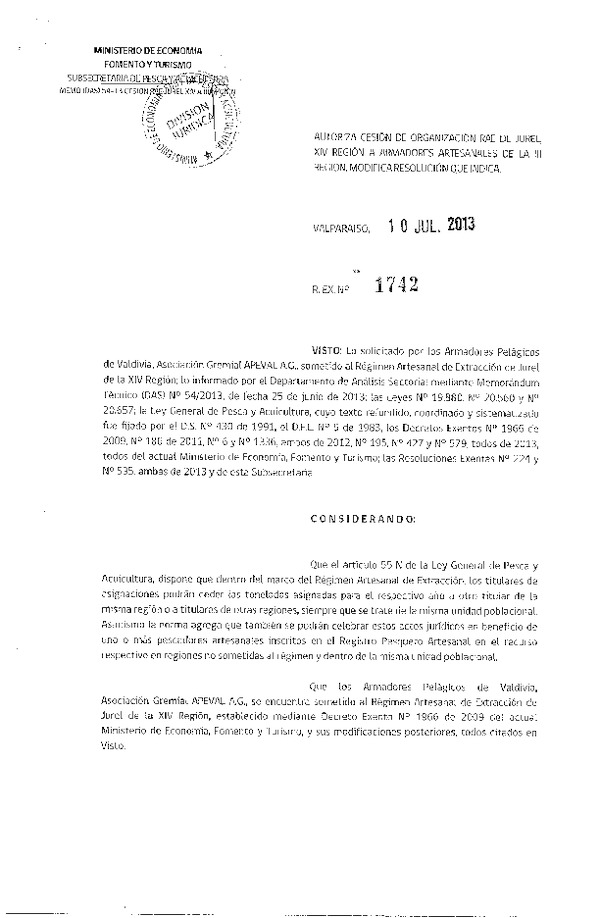 R EX Nº 1742-2013 Autoriza Cesión recurso Jurel XIV a III Región.