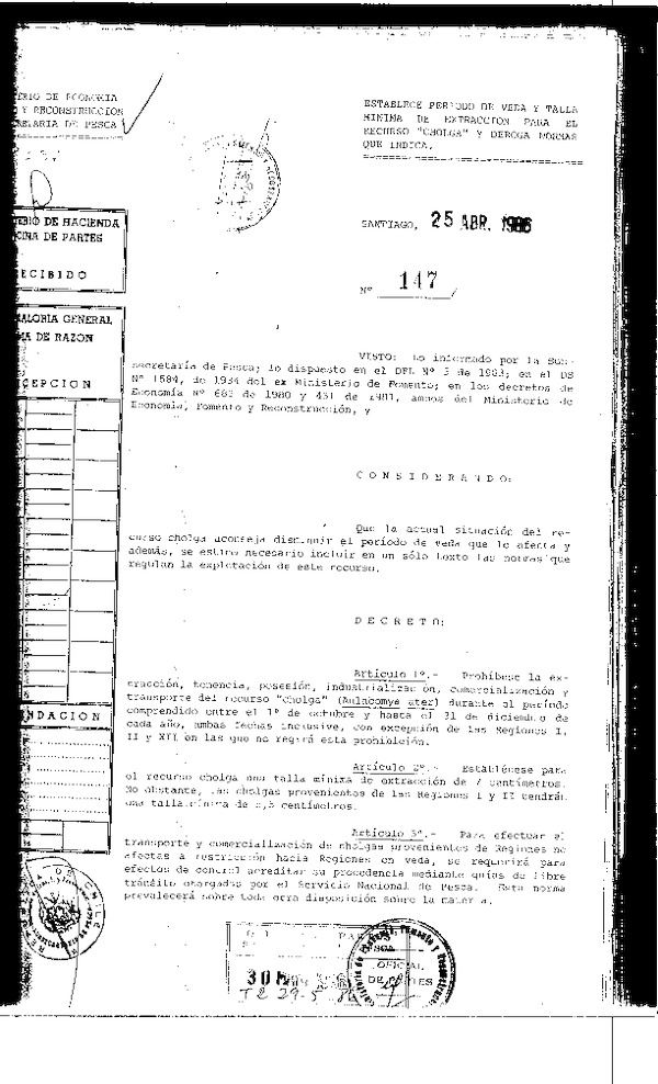 D.S. N° 147-1986 Establece Talla Mínima de Extracción y Veda Cholga I-XII Región (F.D.O. 06-06-1986)