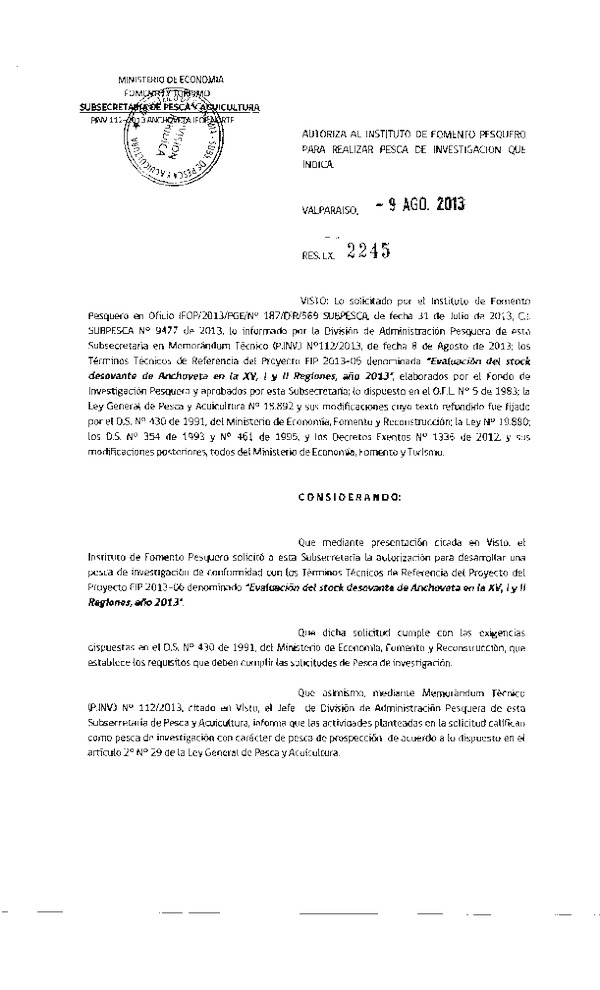 R EX N° 2245-2013 Autoriza Pesca XV-I-II Región.