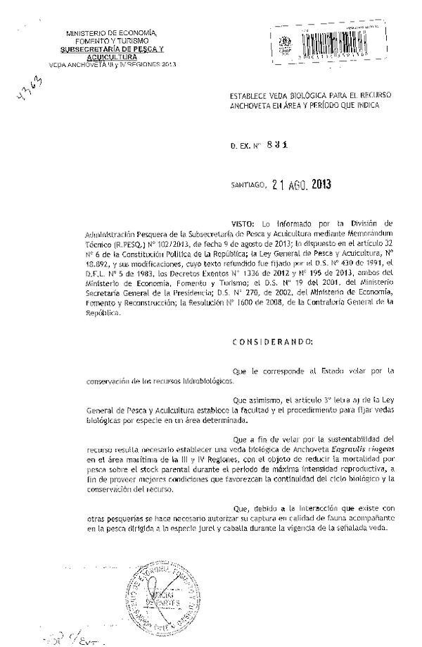 D EX Nº 831-2013 Establece Veda biológica recurso Anchoveta III-IV Región. (F.D.O. 24-08-2013)