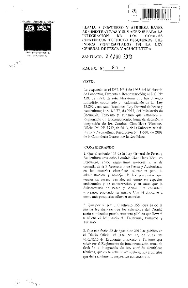 R.M. EX. Nº 85-2013 LLama a concurso y aprueba bases administrativas y sus anexos para la integración de los Comités Científicos técnicos pesqueros.(F.D.O. 28-08-2013)