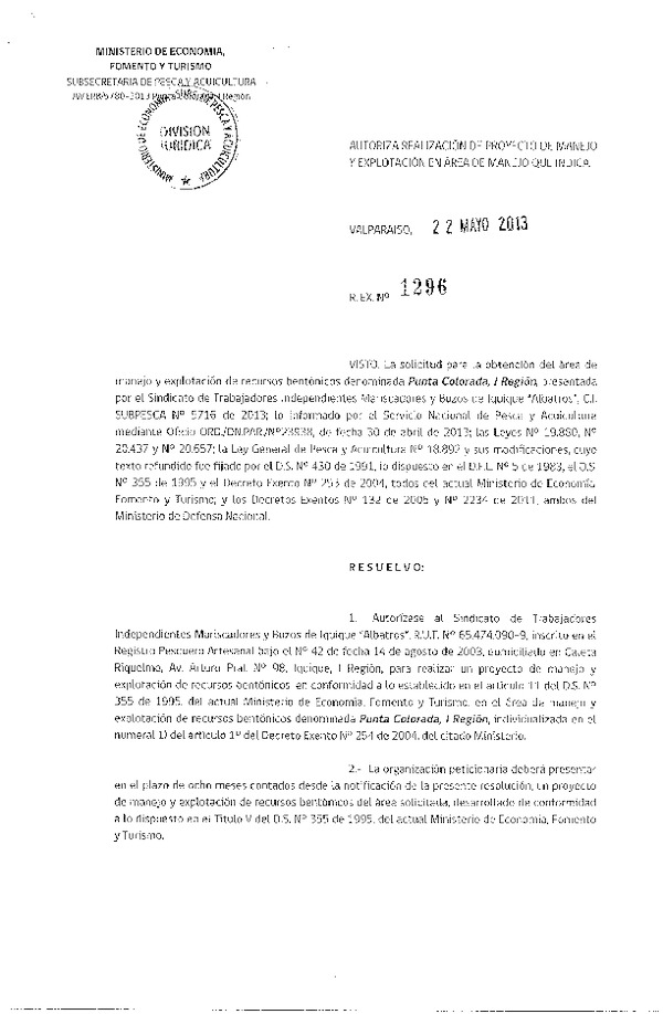 R EX Nº 1296-2013 PROYECTO DE MANEJO.
