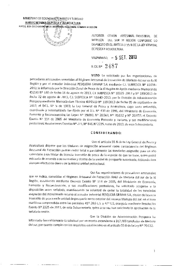 R EX Nº 2487-2013 Autoriza Cesión recurso Merluza del sur XI Región.