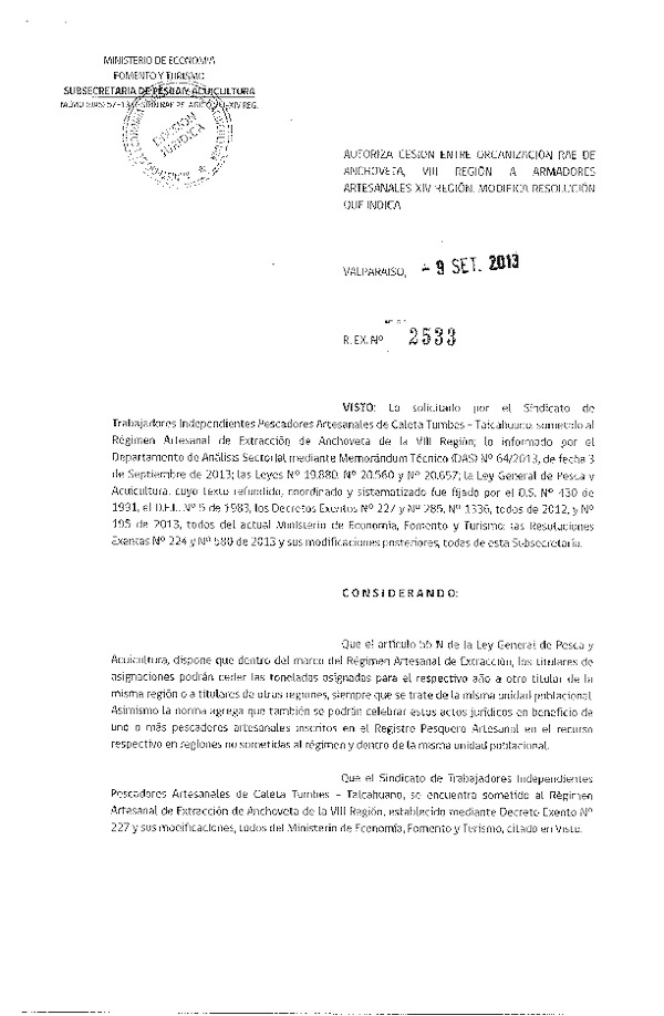 R EX Nº 2533-2013 Autoriza Cesión recurso Anchoveta VIII a XIV Región.