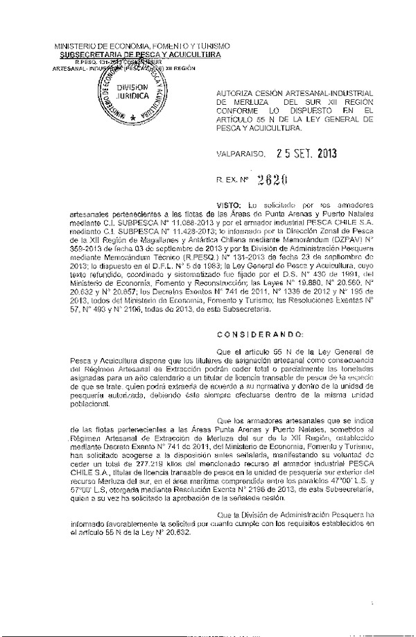 R EX Nº 2620-2013 Autoriza Cesión Recurso Merluza del sur XII Región.