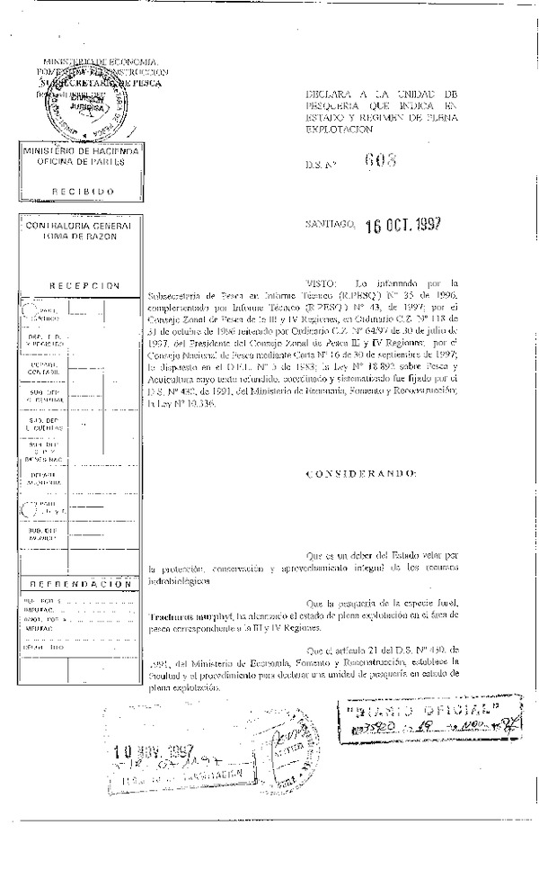 D.S. Nº 608-97 Declara Estado y Régimen de Plena Explotación Jurel III-IV Regiones.