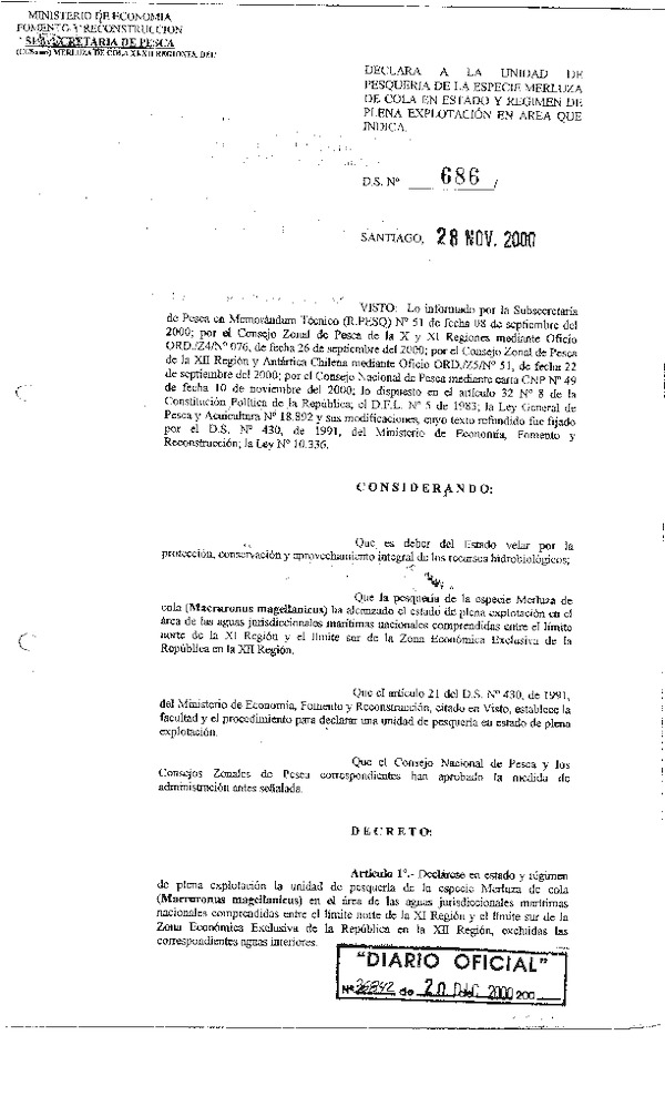 D.S. Nº 686-00 Declara Estado y Régimen de Plena Explotación Merluza de Cola XI-XII Regiones