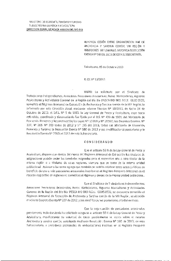 R EX Nº 10-2013 (DZP VIII Región) Autoriza Cesión Anchoveta y Sardina común. Modifica R EX Nº 580-2013. VIII Región.
