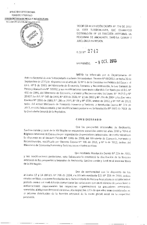 R EX 2747-2013 Modifica R EX Nº 224-2013 Distribución de la Fracción Artesanal de Sardina común y Jurel XIV Reg. (F.D.O. 17-10-2013)