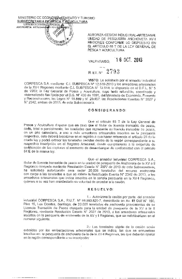 R EX Nº 2793-2013 Autoriza Cesión recurso Anchoveta XV-II Región.