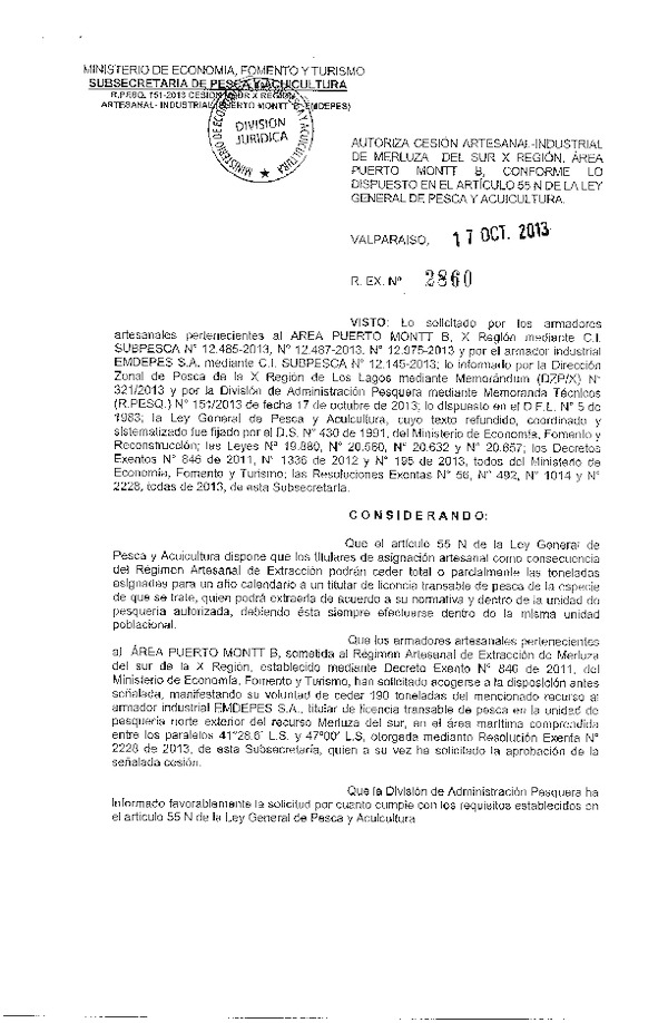 R EX Nº 2860-2013 Autoriza Cesión Recurso Merluza del sur X Región.