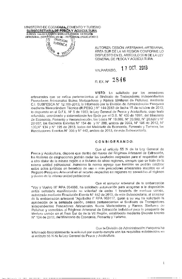 R EX Nº 2846-2013 Autoriza Cesión recurso Merluza Común VII Región.