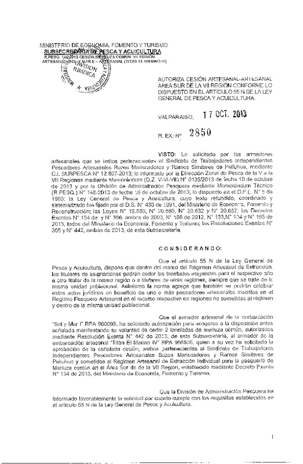 R EX Nº 2850-2013 Autoriza Cesión recurso Merluza Común VII Región.