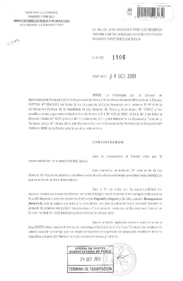 D EX Nº 1106-2013 Establece Veda Biológica Anchoveta y Sardina común V-XIV Región. (F.D.O. 25-10-2013)