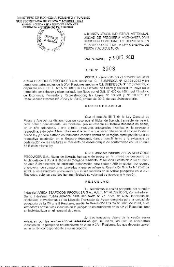 R EX Nº 2908-2013 Autoriza Cesión recurso Anchoveta XV-II Región.