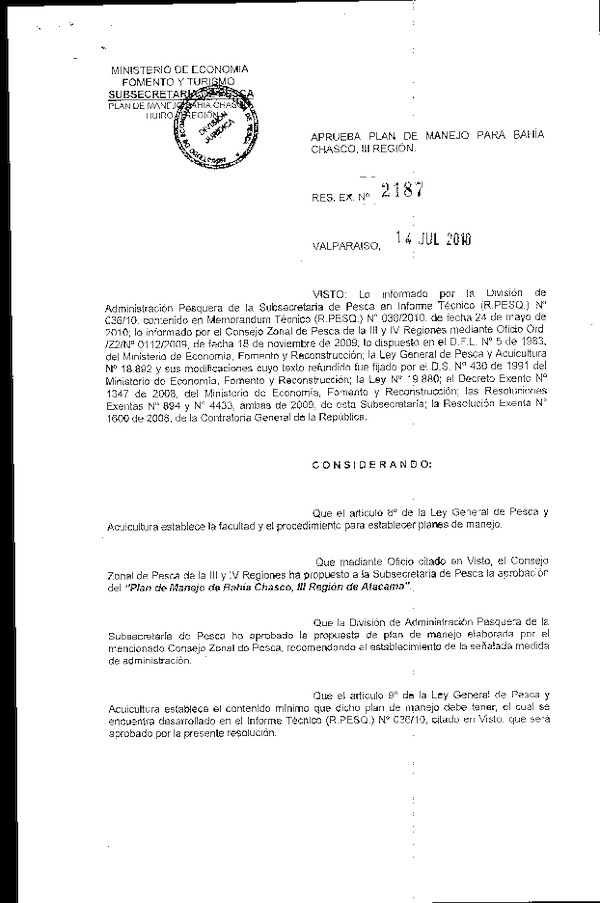 R EX Nº 2187-2010 Aprueba Plan de Manejo para Bahía Chasco III Región.