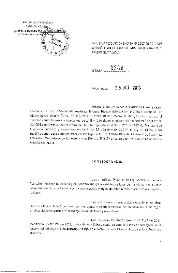 R EX Nº 2889-2013 Modifica R EX Nº 2187-2012 que Aprobó Plan de Manejo para Bahía Chasco, III Región. (F.D.O. 06-11-2013)