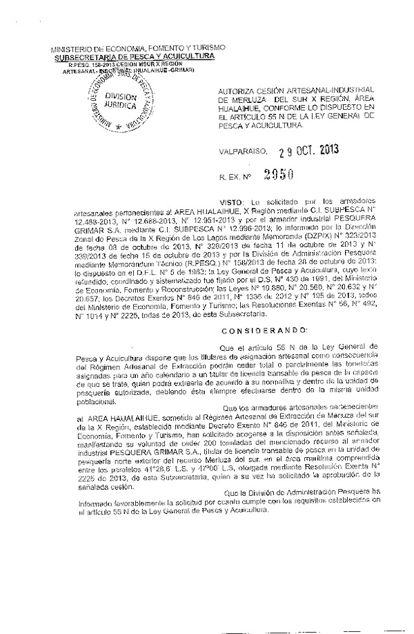 R EX Nº 2950-2013 Autoriza Cesión Recurso Merluza del sur X Región.