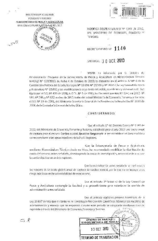 D EX Nº 1140-2013 Modifica D.EX Nº 1341-2012 Cuota Sardina austral X-XI Región. (F.D.O. 08-11-2013)