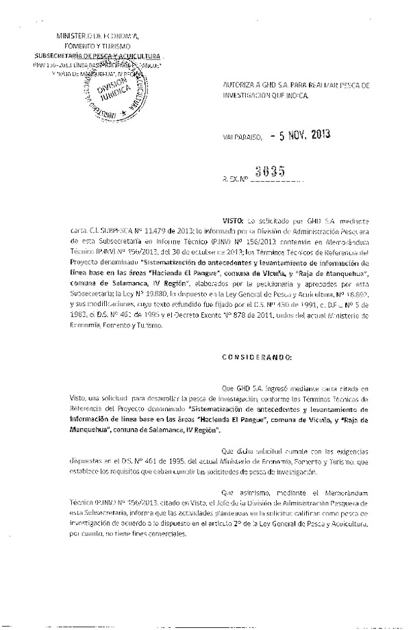 R EX Nº 3035-2013 Sistematización de antecedentes y levantamiento de información de línea base Hacienda El Pangue, comuna de Vicuña IV Región.