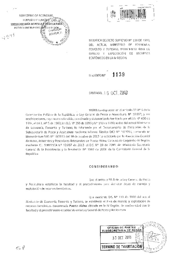 D EX Nº 1139-2013 Modifica D.S. Nº 110-1999 Puerto Aldea IV Región. (F.D.O. 11-11-2013)