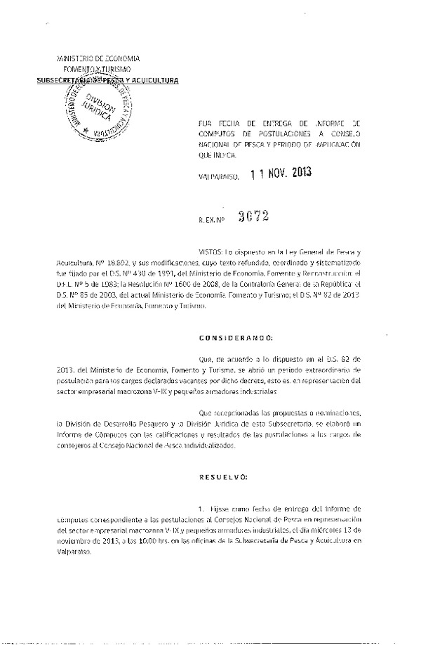 R EX Nº 3072-2013 Fija Fecha de Entrega de Informe de computos Postulaciones.