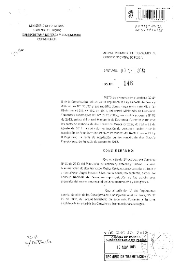 D.S. Nº 148-2013 Acepta Renuncia de Consejero al Consejo Nacional de Pesca XV-II Región. (F.D.O. 19-11-2013)