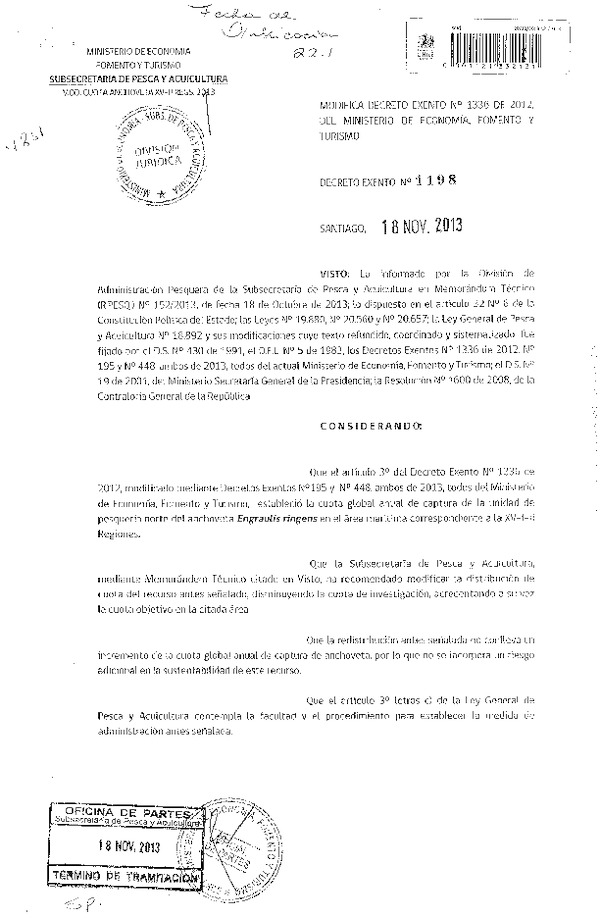 D EX Nº 1198-2013, Modifica D EX Nº 1336-2012, cuota Anchoveta y Sardina española XV-II Región. (F.D.O. 22-11-2013)