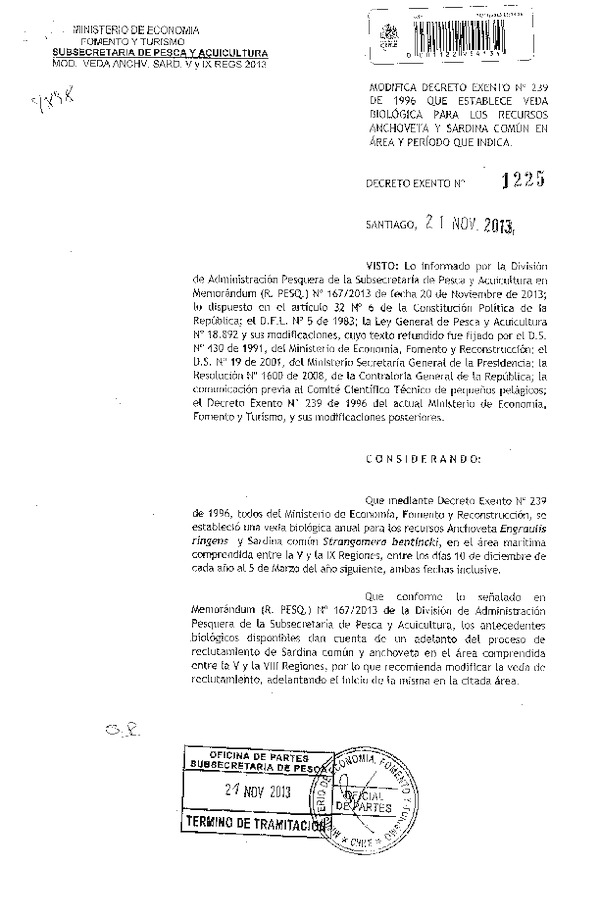 D EX Nº 1225-2013, Modifica D EX Nº 239-96, Veda biológica recursos Sardina común y Anchoveta V-IX Región. (F.D.O. 23-11-2013)