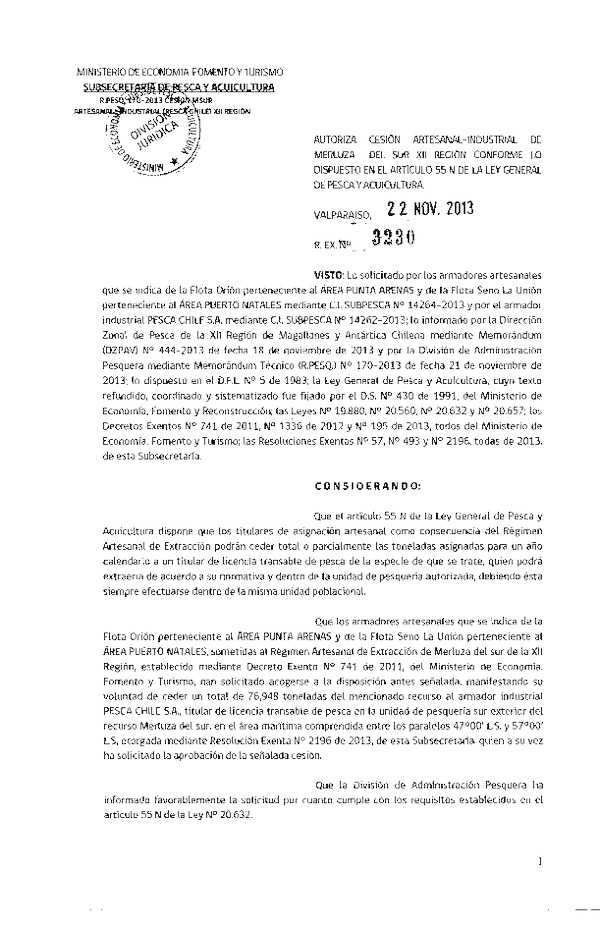 R EX Nº 3230-2013 Autoriza Cesión Recurso Merluza del sur XII Región.
