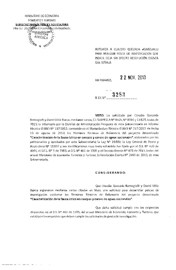 R EX Nº 3283-2013 caracterización de fauna íctica en cierpos y cursos de aguas nacionales XV-XIV Reg.
