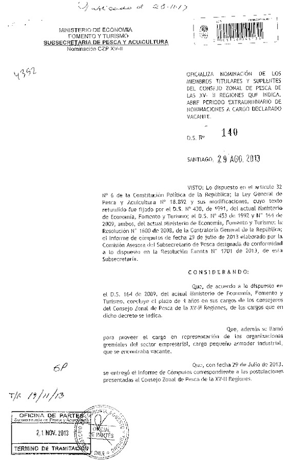 D.S. Nº 140-2013 Oficializa Nominación de Consejeros del Consejo Zonal de Pesca XV-II Región y Abre Período Extraordinario de Postulación. (F.D.O. 28-11-2013)