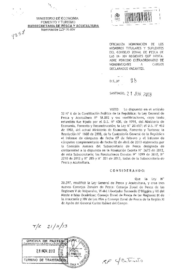 D.S. Nº 98-2013 Oficializa Nominación de loa Miembros titulares y suplentes del Consejo Zonal de Pesca de las IX-XIV Región.(F.D.O. 30-11-2013)