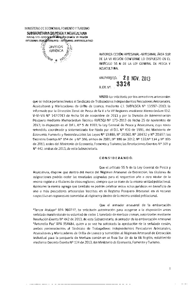 R EX Nº 3326-2013 Autoriza Cesión recurso Merluza Común VII Región.