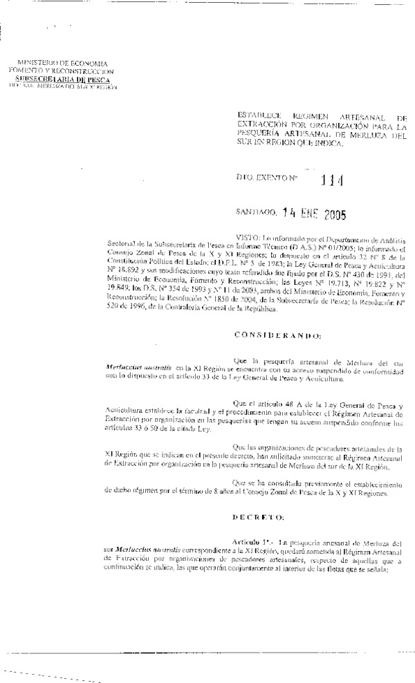 D EX Nº 114-2005 Establece Régimen Artesanal de Extracción por Organización, XI Región.