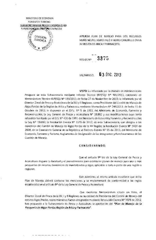 R EX Nº 3375-2013 Aprueba Plan de manejo para los recursos Huiro negro, Huiro palo y Huiro canutillo, XV Región de Arica y Parinacota. (F.D.O. 10-12-2013)
