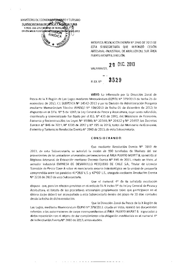 R EX Nº 3529-2013 Modifica R EX Nº 2860-2013 Autoriza Cesión Recurso Merluza del sur X Región.