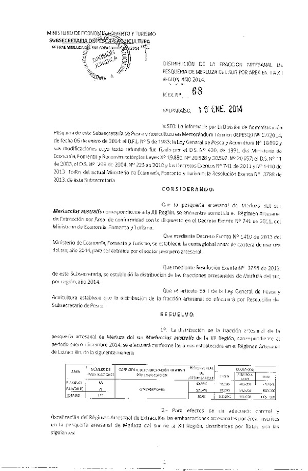 R EX Nº 68-2014 Distribución de la Fracción artesanal de Pesqueria de Merluza del sur por área en la XII Región, año 2014. (F.D.O. 20-01-2014)