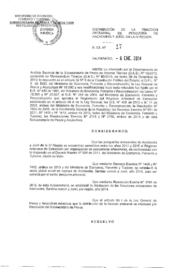 R EX Nº 17-2014 Distribución de la Fracción Artesanal cuota anual de captura Anchoveta y Jurel, IV Región. (F.D.O. 14-01-2014)